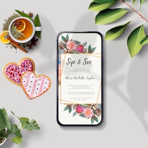 Sip and See Digtial Invitation, Floral Meet and Greet Baby Shower Evite Template, Editable, Instant Download, Printable, Text, Email, Girl