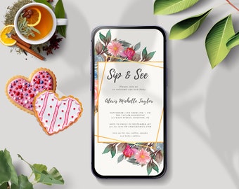 Floral Sip and See Invitation, Meet and Greet Evite (Digital Download)