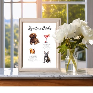 Dog Signature Drink Digital, Signature Cocktail Template Wedding with Pet, Minimalist Drink Sign Wedding, Modern Drinks Sign Pets, Canva