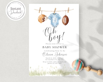 May include: A baby shower invitation with a blue and white football jersey, a football, and a football helmet hanging on a clothesline. The text reads "Oh boy!" and "Please join us for a baby shower celebrating Mom-to-be Olivia Johnson".