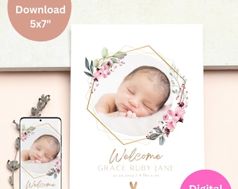 Editable Photo Birth Announcement Template, Floral Design (Digital Download)