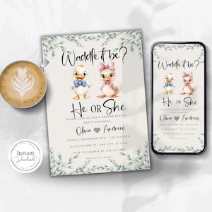 Waddle It Be Baby Duck Gender Reveal Einladung, was die Ente einladen, Babyparty, personalisiert, bearbeitbar, Evite, druckbar, Canva, Digital