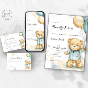 Bearly Wait Baby Shower Invitation Bundle Gender Neutral Teddy Bear Invite Evite Books for Baby Diaper Raffle Editable Canva B1