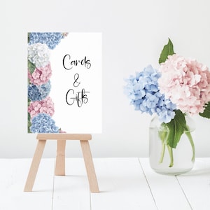 Bridal Shower Cards and Gifts Sign Editable Canva Template Printable Blue Hydrangea Floral Table Sign 5x7 8x10 Wedding Decor Wedding W125