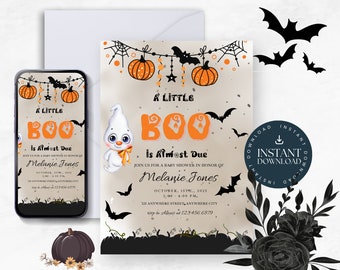 May include: A baby shower invitation card and smartphone display featuring a ghost, orange pumpkins, black bats, and spiderwebs. The text reads A LITTLE BOO is Almost Due, Melanie Jones, October 15th, 2023, 2:00-4:00 PM, 123 Anywhere Street, Anywhere City.