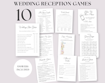 May include: A collection of ten wedding reception games printed on white paper. Games include TV Show Couples, Word Search, and Wedding Shoe Game. The words "Wedding Reception Games" and the number "10" are at the top. "Answers Included" is also visible.