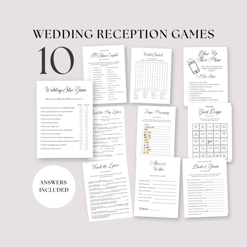 May include: A set of ten wedding reception games printed on white paper. Games include TV Show Couples, Word Search, and Wedding Shoe Game. The words "Wedding Reception Games" and the number "10" are at the top. "Answers Included" is also visible.