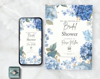 Blue Hydrangea Bridal Shower Invitation, Dusty Blue Wedding Shower Invite, Instant Download, Editable, Printable, Dusty Blue Evite, W113