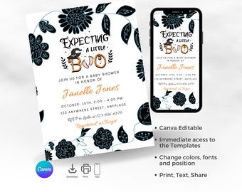 Paquete editable de invitación de baby shower de Halloween, Un pequeño boo es casi debido invitación de baby shower, plantilla imprimible, descarga instantánea