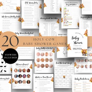 Editable Holy Cow Baby Shower Game Bundle, Gender Neutral Highland Cow, Editable, Printable, Digital Download, Canva Template, Farm, D139