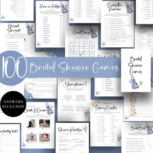 May include: A collection of printable bridal shower games with blue and white floral designs. The games include "Guess the Number", "Guest Bingo", "What's on Your Phone?", "Match the Disney Couples", "Shower Mad Libs", "Bride & Groom", "He Said She Said", "Pern or Polish", "Bride's Best", "Who's Daddy Best?" and more. The text "100 Bridal Shower Games" is displayed in a blue banner.