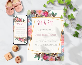 Sip and See Invitation Template Floral, Editable Printable (Digital Download)