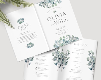 May include: A wedding program with a green and white floral design. The program includes the wedding ceremony order, reception details, and a thank you message to guests. The wedding date is 02.12.2X. The couple's names are Olivia and Will.