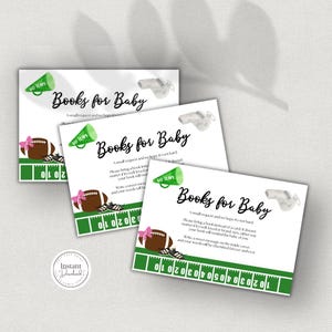 Livros de futebol para bebê, cartão para menina, modelo editável Canva, inserção de chá de bebê esportivo, traga um livro, impressão, download instantâneo, touchdown D95