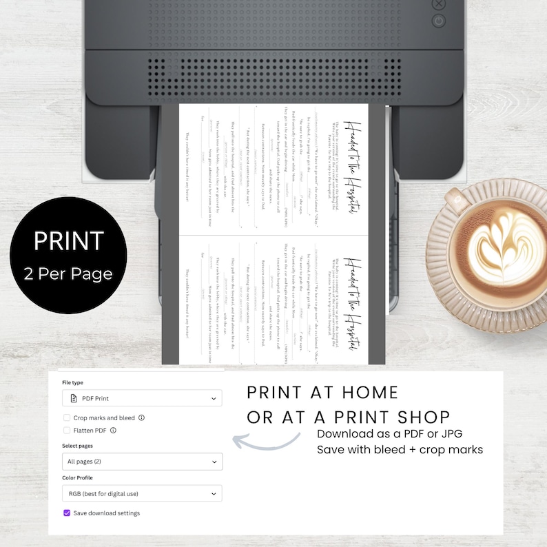 Peut inclure: Un document PDF imprimable avec le texte "Headed to the Hospital" sur la page. Le document est affich&eacute; sur l'&eacute;cran d'un ordinateur avec un menu de param&egrave;tres d'impression visible. Le texte "Print at Home or at a Print Shop" est &eacute;galement visible sur l'&eacute;cran.