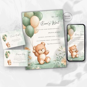 We Can Bearly Wait Sage Bundle, Bearly Wait Baby Shower Invitation, Neutral, Instant Download, Editable, Printable, Digital, Evite B3