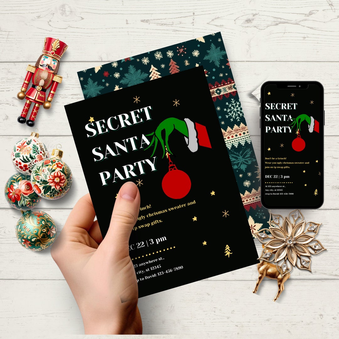 Secret Santa Party Invitation Template, Holiday Party Invite Canva Secret Santa Party Invitation Template, Holiday Party Invite Canva