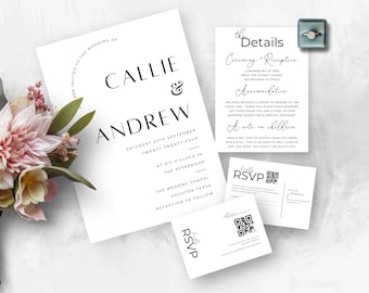 Modello di invito di nozze minimalista con codice QR (download digitale)
