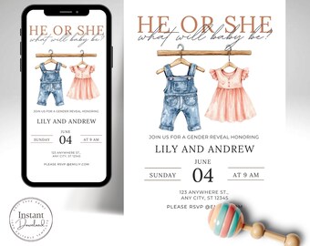 Może przedstawiać: Zaproszenie na ujawnienie płci dziecka z akwarelową ilustracją ubranek dziecięcych. Zaproszenie zawiera tekst "He or She, what will baby be?" oraz szczegóły wydarzenia dla Lily i Andrew.