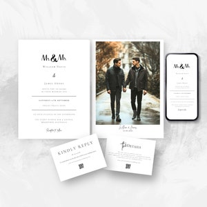 Gay Wedding Invitation, Mr and Mr Invite, Instant Download, Printable, Minimal, Canva, QR Code, Photo Template, Details Card, Marriage G101