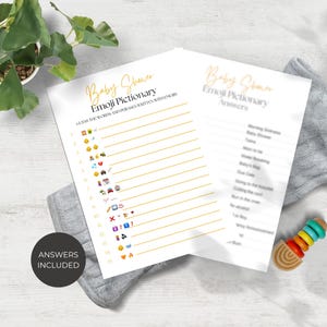 Baby-Dusche Emoji Pictionary, Baby-Dusche-Spiel, Gold-Schriftzug, Trendy, Antwortschlüssel, geschlechtsneutral, digitaler Download, printable, G1