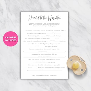 Peut inclure: Un jeu imprimable pour une f&ecirc;te de naissance ou une r&eacute;v&eacute;lation de sexe. Le jeu s'appelle "En route pour l'h&ocirc;pital" et demande aux joueurs de compl&eacute;ter les blancs d'une histoire sur un couple qui se rend &agrave; l'h&ocirc;pital pour avoir un b&eacute;b&eacute;. Le jeu comprend un motif de sucette.