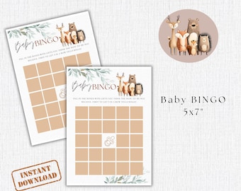 May include: Baby Bingo game cards with a woodland animal theme. The cards are beige with a grid of squares and decorative greenery. The text "Baby Bingo" is at the top, with the size 5x7 inches. An "Instant Download" stamp is in the corner.