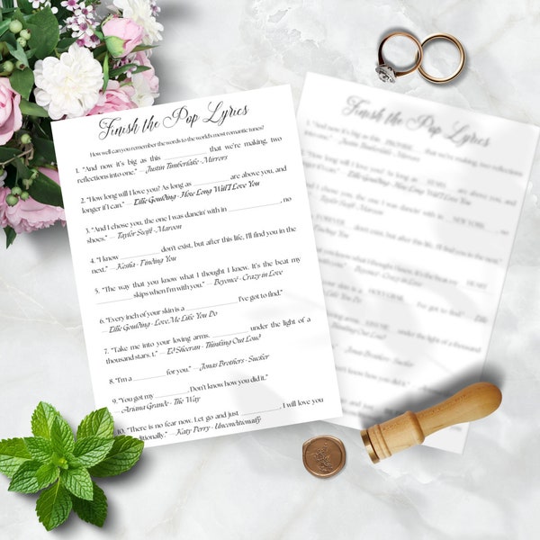 Wedding Games Finish the Pop Lyrics, Printable, Bridal Shower, Instant Download, Music Trivia, Song Guessing Game, Gender Neutral, D1