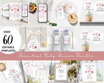 May include: A pink and brown baby shower bundle with over 60 editable templates. The bundle includes invitations, thank you tags, cupcake toppers, water bottle labels, and more. The design features a watercolour illustration of a baby onesie with a bow and a pacifier.