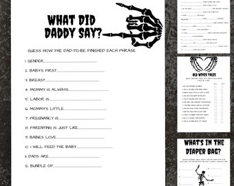 May include: A set of three white paper baby shower game sheets with black text and skeleton graphics. The sheets feature the titles What Did Daddy Say, Name That Baby Song, Old Wives Tales, and What's In The Diaper Bag, with lines for writing answers.