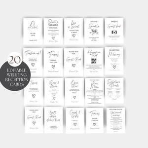 May include: Twenty editable wedding reception cards with black text on a white background. The cards feature various wedding-related messages, such as "Please Sign Our Guest Book", "Open Bar", "Favors", and "Light Up The Dance Floor".