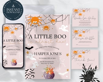 May include: A baby shower invitation suite with a Halloween theme. The design includes orange spiders, ghosts, bats, and a cauldron. The text reads "A Little Boo is almost due!" and includes event details. A matching phone screen is also shown.