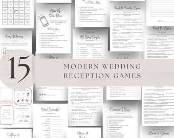 May include: A set of 15 printable wedding reception games. The games are modern and include titles like "Guest Bingo", "Blow Up Their Phone", "Emoji Guessing", "Advice & Wishes", "Word Scramble", "Camera & Spy", "Bride & Groom", and "Guess the Lyrics".