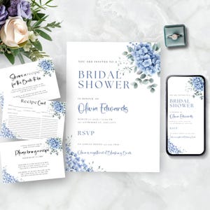 Blue Hydrangea Bridal Shower Invitation, Bundle, Dusty Blue Wedding Shower Invite, Instant Download, Editable, Printable, Dusty Blue Evite