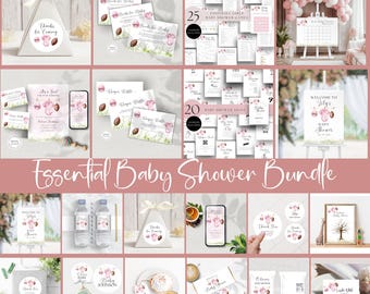 May include: A selection of baby shower items in pink and white, featuring invitations, games, signs, and favours. The text "Essential Baby Shower Bundle" is displayed. Items include a pyramid gift box, water bottle labels, and cupcake toppers.