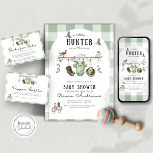 Pack d&#39;invitations pour baby shower Little Hunter, canard colvert, pour un garçon, modifiable, imprimable, téléchargement numérique, Evite, toile, D149