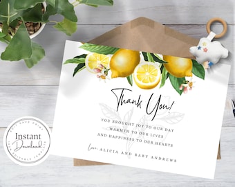 Citroen babyshower bedankkaartje, citrusbloementhema (bewerkbare canvassjabloon)