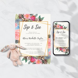 Sip and See Invite Baby Girl Floral, Meet and Greet Baby Shower Invitation Template, Editable, Invite, Instant Download, Printable, Winter