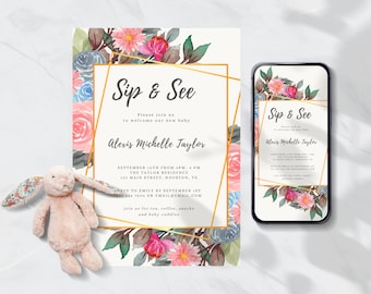 Floral Sip and See Invitation, Baby Girl, Editable Template (Digital Download)