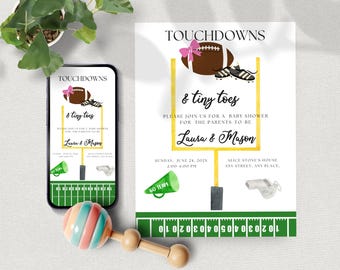 Fußball-Babyparty-Einladung, Touchdowns & kleine Zehen, Mädchen (druckbar, bearbeitbar, Sofort-Download)