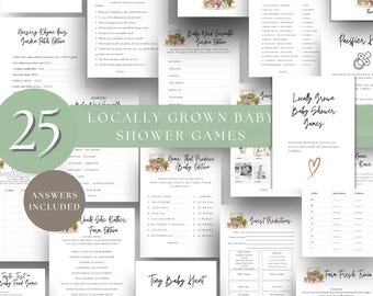 May include: A selection of baby shower games with a rustic design. Games include Nursery Rhyme Quiz, Baby Word Scramble, and Name That Produce. The colour scheme is soft, with greens and browns. The text "Locally Grown Baby Shower Games" is visible.