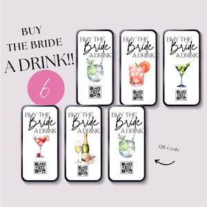 Könnte beinhalten: Sechs druckbare Handy-Bildschirmbilder für eine Bridal Shower. Jedes Design zeigt eine andere Cocktail-Illustration und den Text "Buy the Bride a Drink".