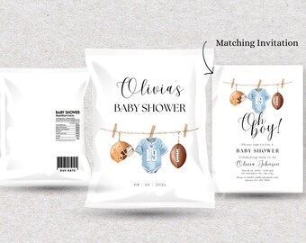 Plantilla para bolsa de papas fritas para baby shower de fútbol, etiqueta editable (descarga digital)