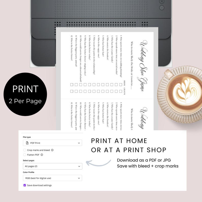 May include: Printable wedding shoe game cards with a gray background and black text. The cards have questions about the bride and groom, such as "Who spends more time on wedding planning?" and "Who is the better kisser?" The cards are designed to be printed at home or at a print shop.