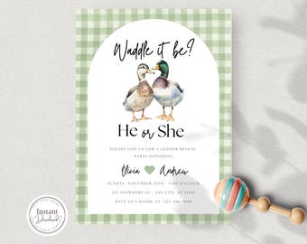 Waddle It Be Baby Shower Invitation Mallard Duck Theme Gender Reveal He or She Editable Canva Template Printable Evite Instant Download