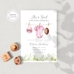 Baby shower a tema football per bambine, invito sportivo, rosa, modello modificabile, invito stampabile, accesso immediato, invito digitale, modello Canva, D144