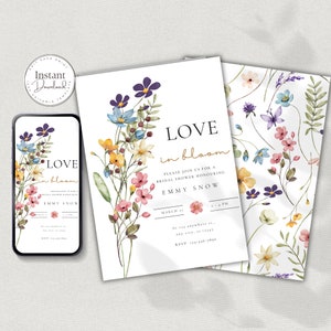 Wildflower Love in Bloom Bridal Shower Invitation, Floral Bridal Shower Invite, Wedding Shower Invitation Template, Printable Invite W104