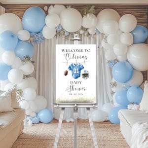 Football Baby Shower Welcome Sign Boy Theme Blue Jersey Clothesline Decor Printable Canva Template Sports Themed Baby Shower Sign D145