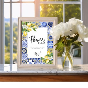Letrero de bar con flores, crea un ramo, editable, mediterráneo, azulejo azul y limón, descarga instantánea, imprimible, menú de flores, plantilla, W110