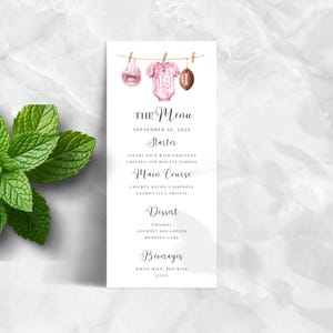 Modelo de cardápio para chá de bebê, camisa de futebol, roupas de bebê, tema esportivo, para menina, download instantâneo, editável, modelo, Canva, D144